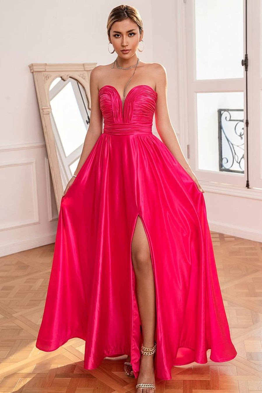 Homrain Strapless Prom Dress With Slit | Hot Pink Prom Dresses