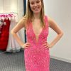 Homrain Sparkly Fringed Open Back Tight Short Homecoming Dress | Hot Pink Hoco Dresses