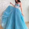 Homrain Sparkly A Line Spaghetti Straps Sequins Long Prom Dress | Blue Prom Dresses