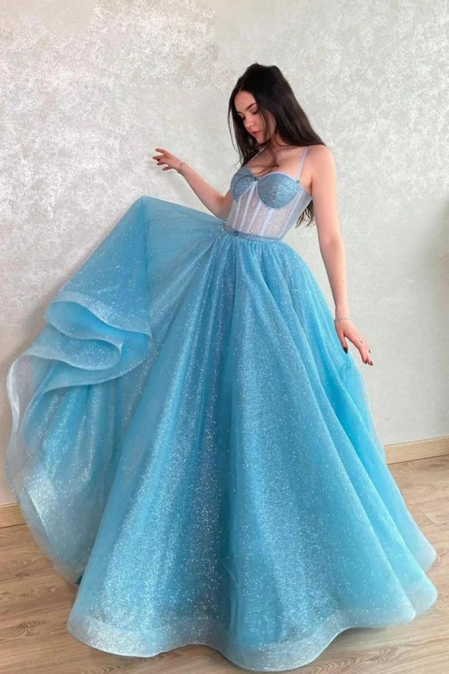 Homrain Sparkly A Line Spaghetti Straps Sequins Long Prom Dress | Blue Prom Dresses