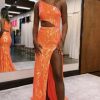 Homrain Sparkly Sequin One Shoulder Long Prom Dress With Slit | Orange Prom Dresses