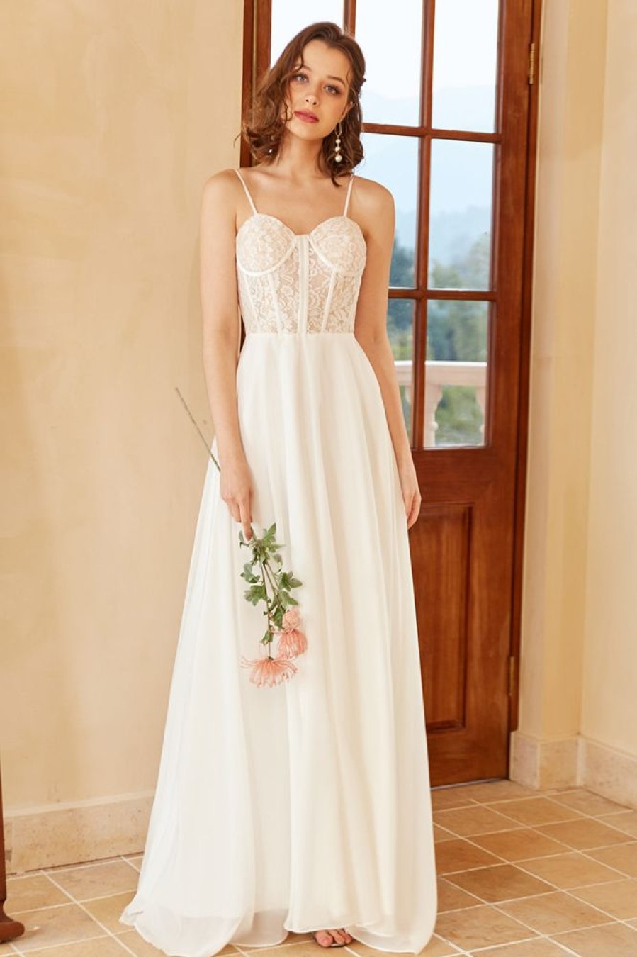 Homrain Beautiful A Line Spaghetti Straps Wedding Dress With Appliques | Lace Wedding Dresses