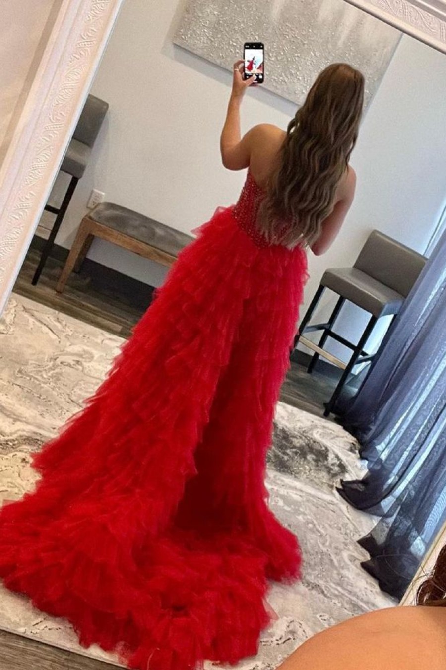 Homrain Beaded A-Line Tie High Low Prom Homecoming Dress | Red Prom Dresses