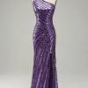 Homrain Sequin One Shoulder Prom Dress With Slit | Purple Prom Dresses