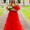 Homrain A Line Off The Shoulder Tulle Corset Prom Dress With Bowknot | Red Prom Dresses