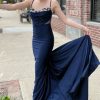 Homrain Mermaid Spaghetti Straps Long Prom Dress With Sweep Train | Blue Prom Dresses