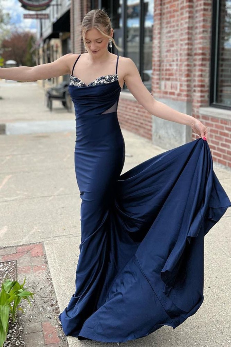 Homrain Mermaid Spaghetti Straps Long Prom Dress With Sweep Train | Blue Prom Dresses