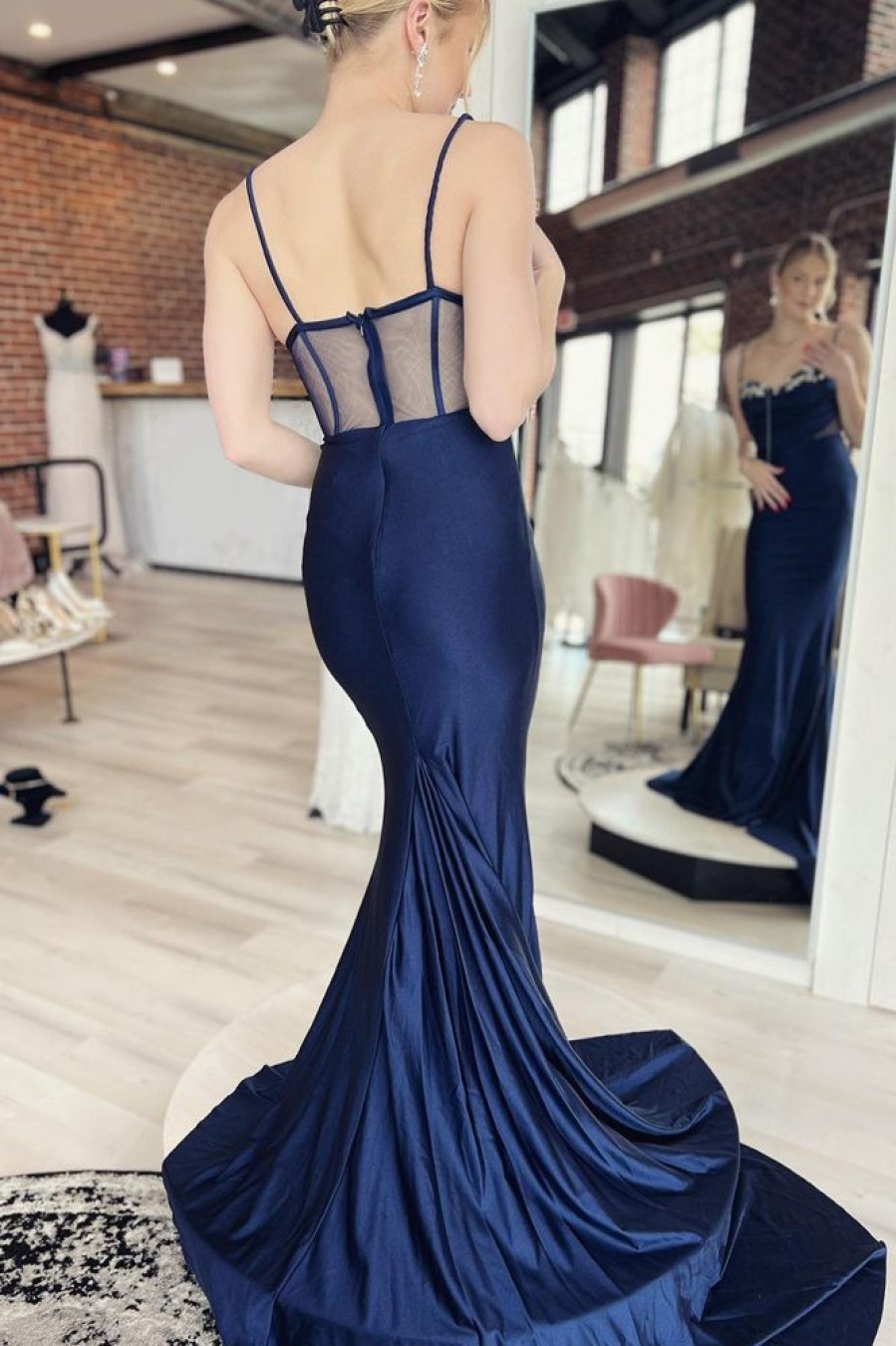 Homrain Mermaid Spaghetti Straps Long Prom Dress With Sweep Train | Blue Prom Dresses