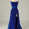 Homrain A Line Strapless Sequins Long Prom Dress With Split Front | Blue Prom Dresses