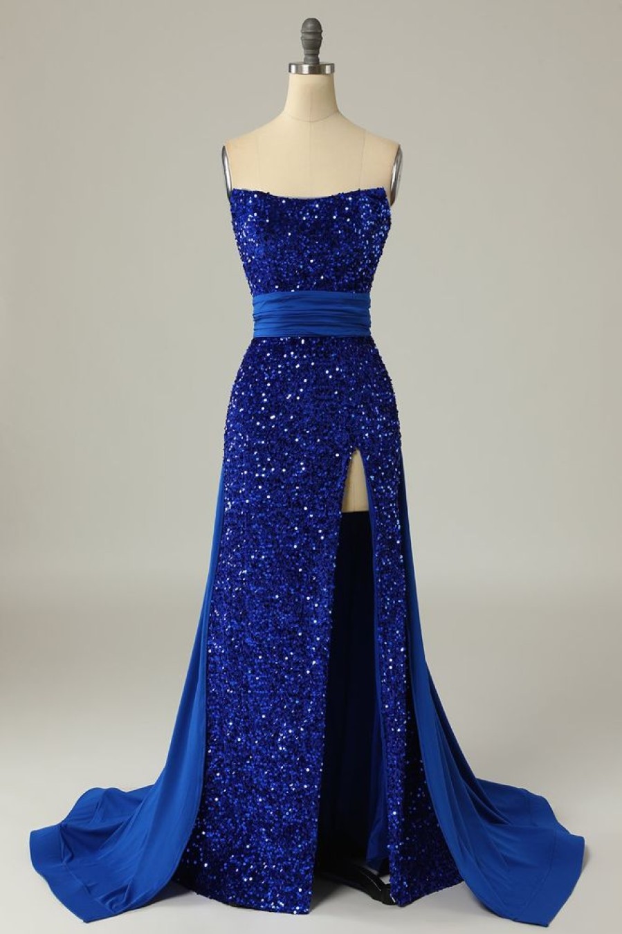 Homrain A Line Strapless Sequins Long Prom Dress With Split Front | Blue Prom Dresses