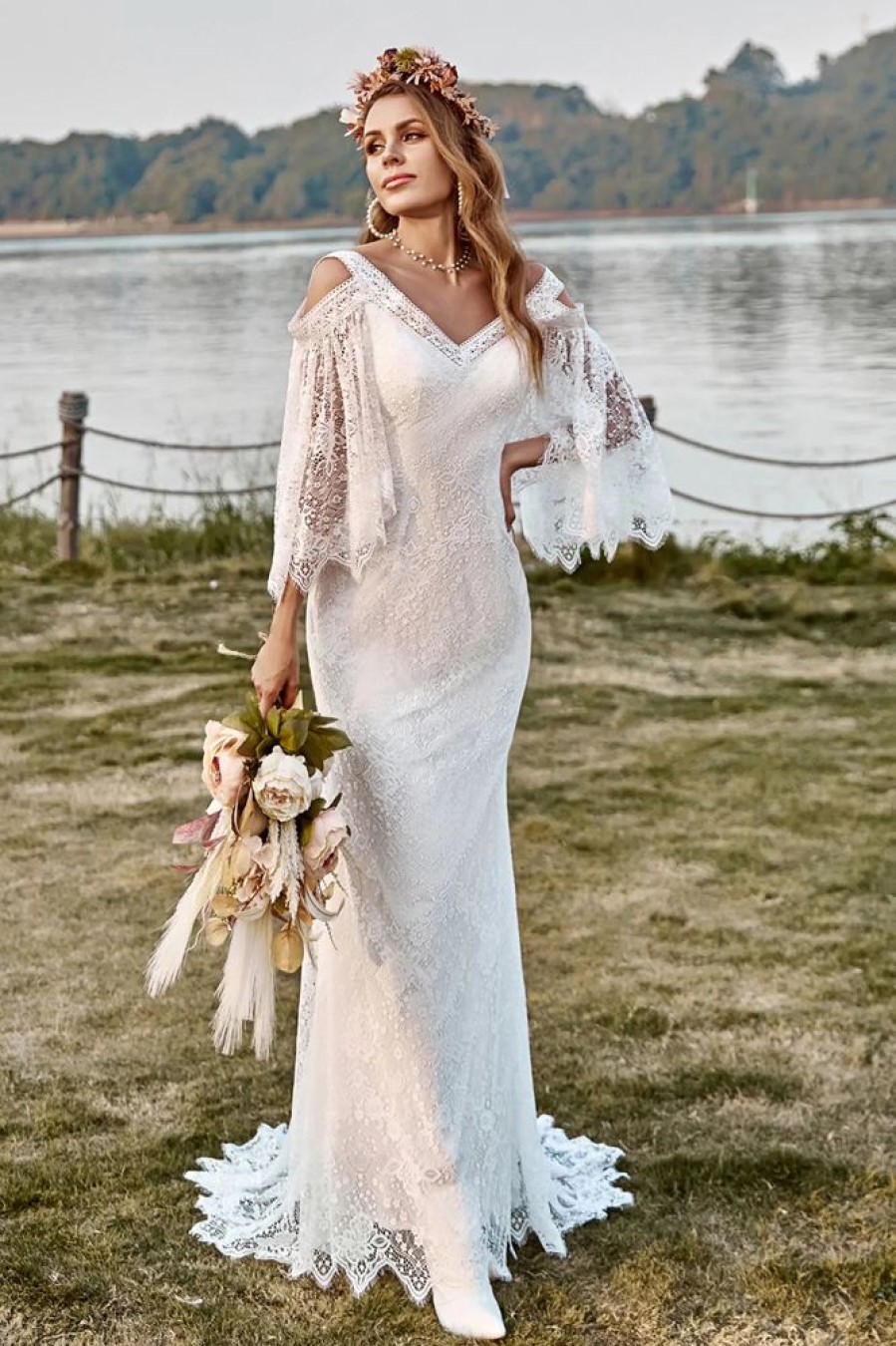 Homrain Lace Cold Shoulder Mermaid Cape Sleeve Boho Wedding Dress | Lace Wedding Dresses