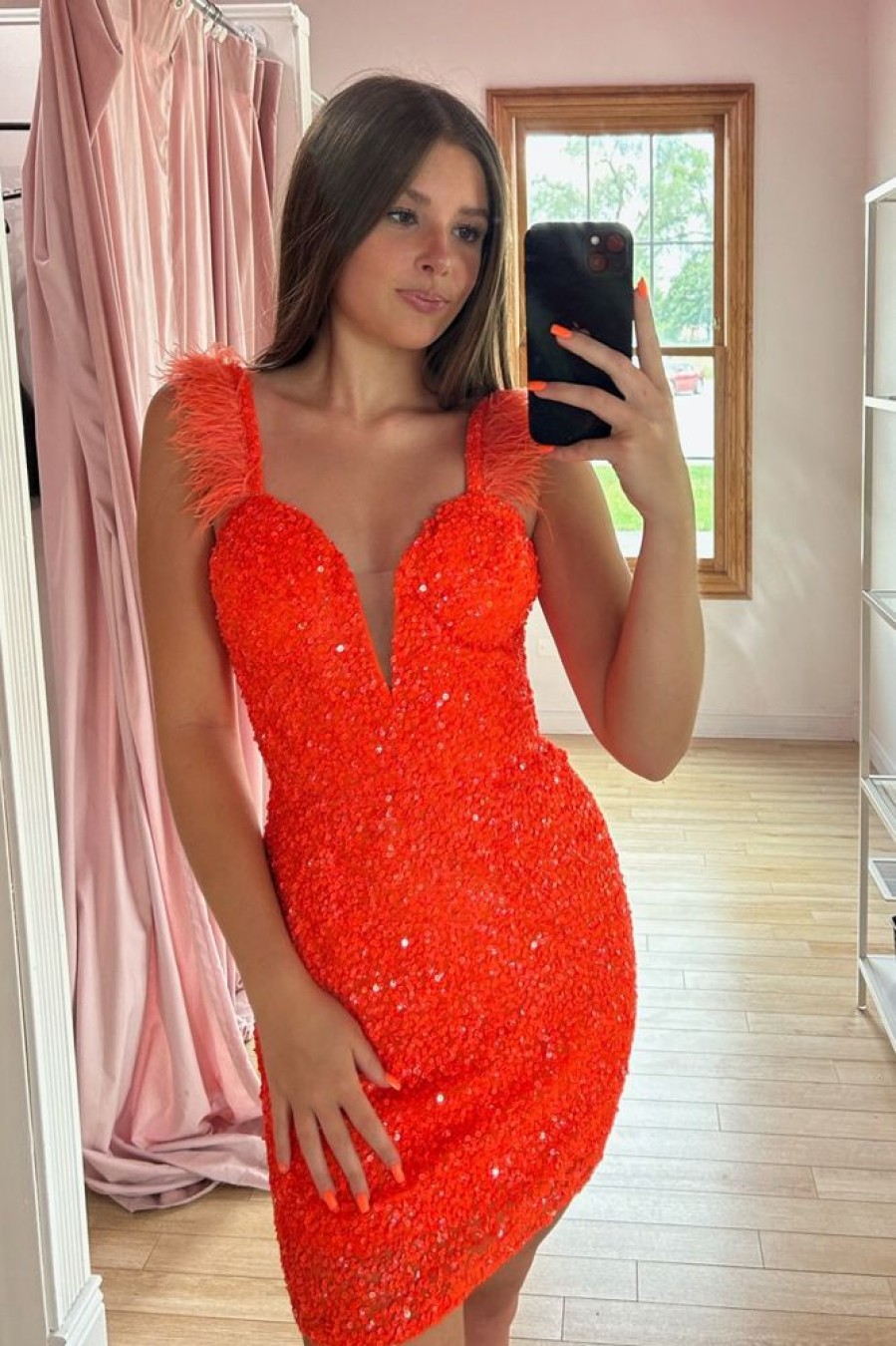 Homrain Sparkly Sequins Tight Short Homecoming Dress With Feathers | Orange Hoco Dresses