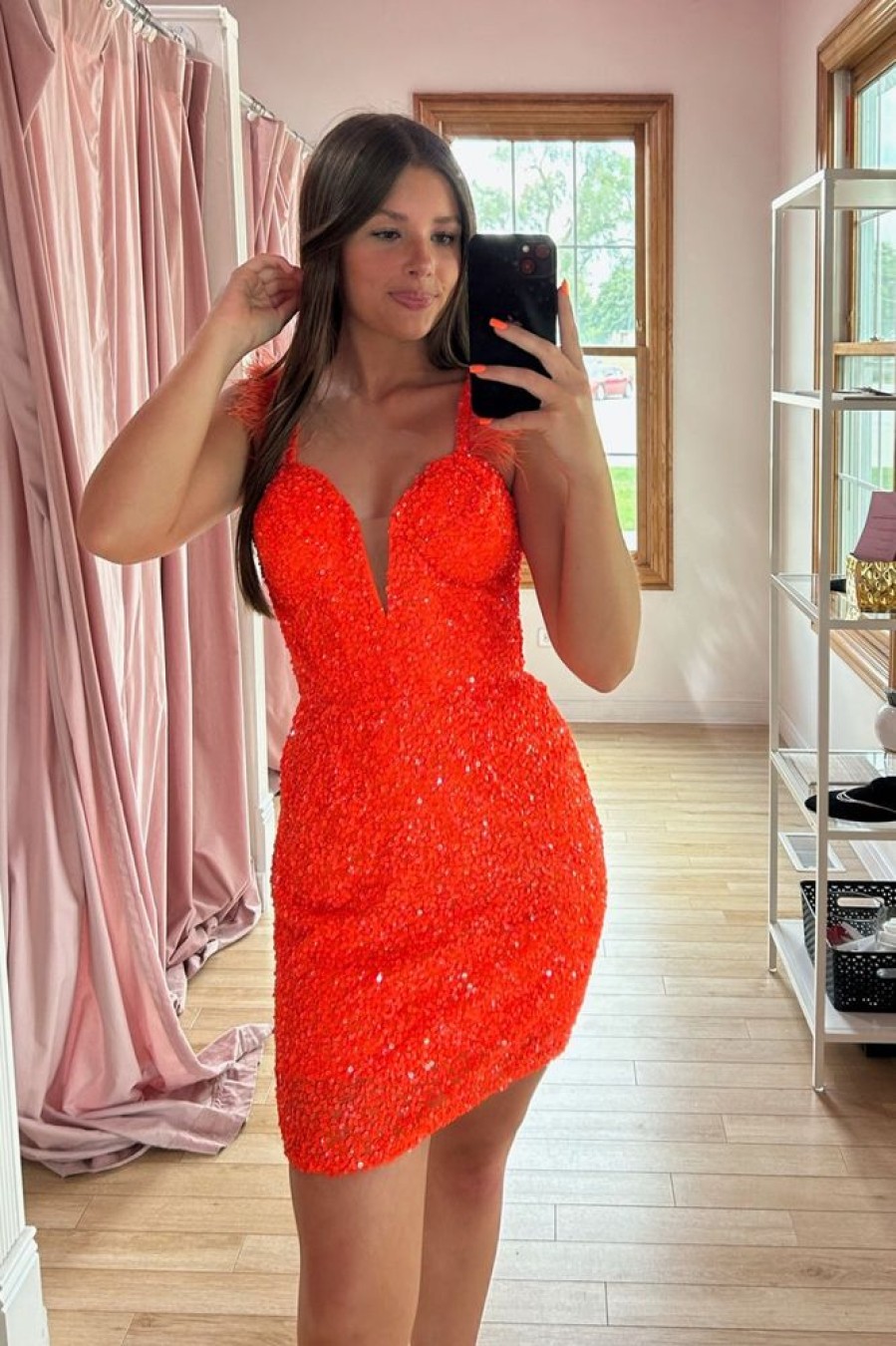 Homrain Sparkly Sequins Tight Short Homecoming Dress With Feathers | Orange Hoco Dresses