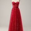 Homrain Red Strapless Tulle Corset Prom Dress | Red Prom Dresses