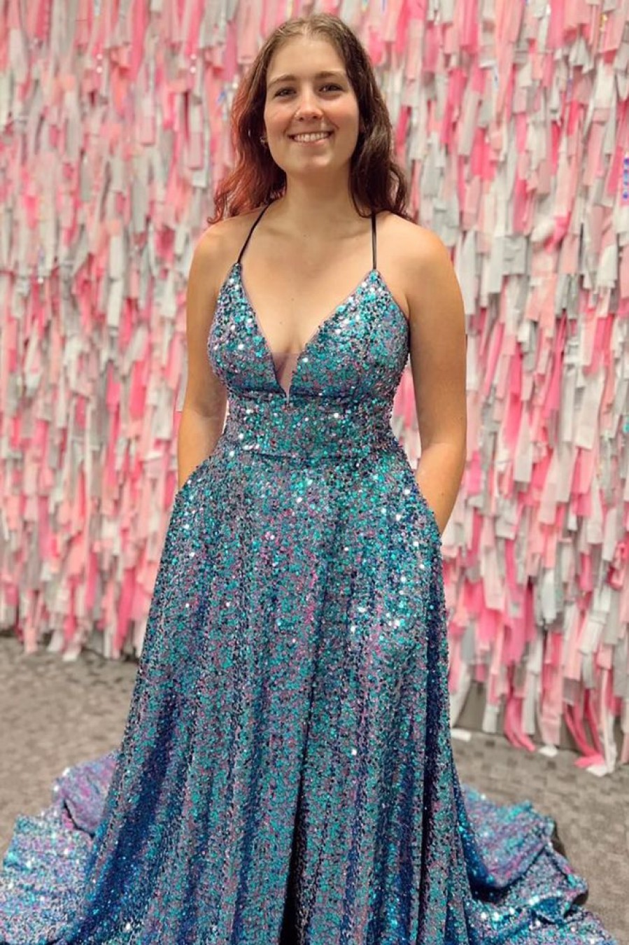 Homrain Sparkly A-Line Sequins Long Prom Dress With Pockets | Blue Prom Dresses