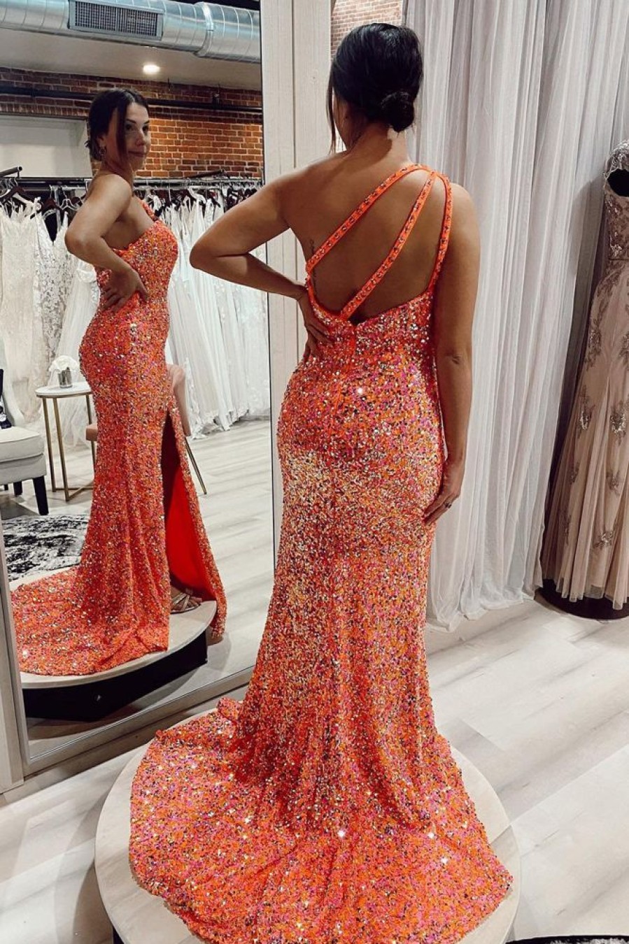 Homrain Mermaid One Shoulder Sequins Long Prom Dress With Split Front | Orange Prom Dresses