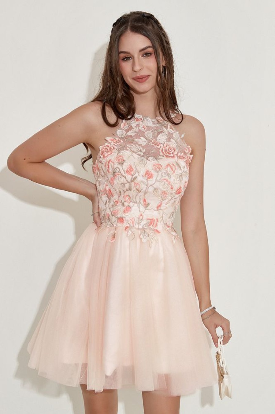 Homrain Halter Homecoming Dress With Embroidery | Pink Hoco Dresses