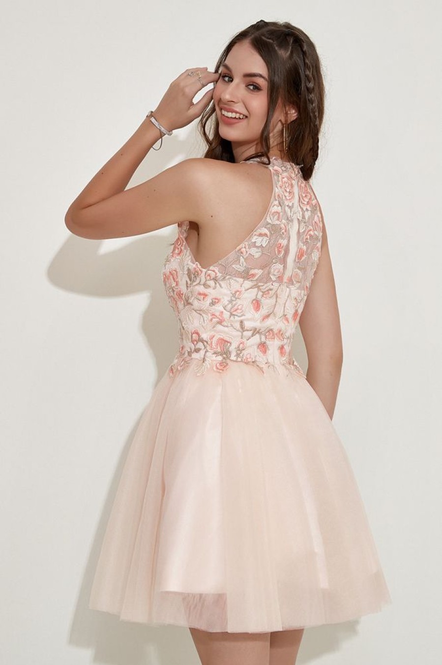 Homrain Halter Homecoming Dress With Embroidery | Pink Hoco Dresses