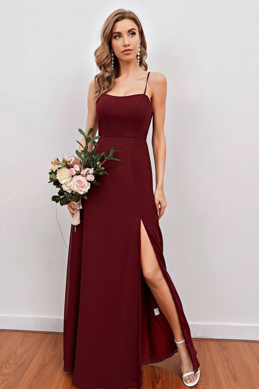 Homrain Spaghetti Straps Long Bridesmaid Dress With Split | Wedding Guest Dresses