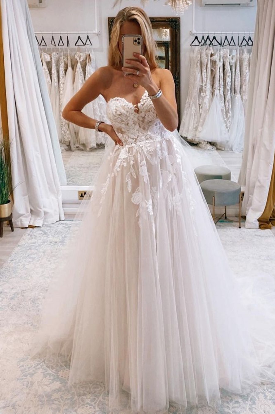 Homrain Long Tulle A-Line Wedding Dress With Lace | Lace Wedding Dresses