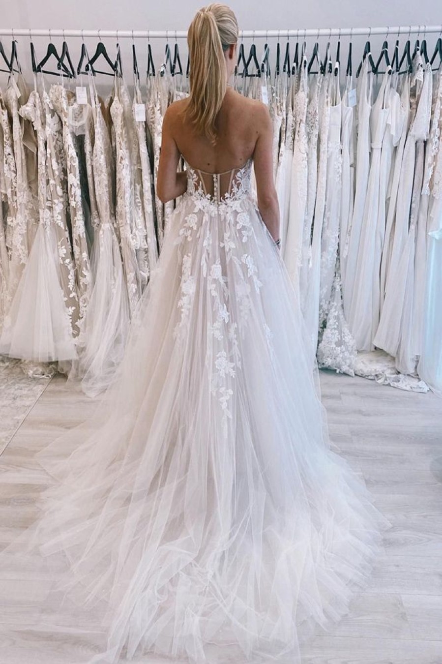 Homrain Long Tulle A-Line Wedding Dress With Lace | Lace Wedding Dresses