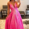 Homrain Glitter Sequins Long Prom Dress | Hot Pink Prom Dresses