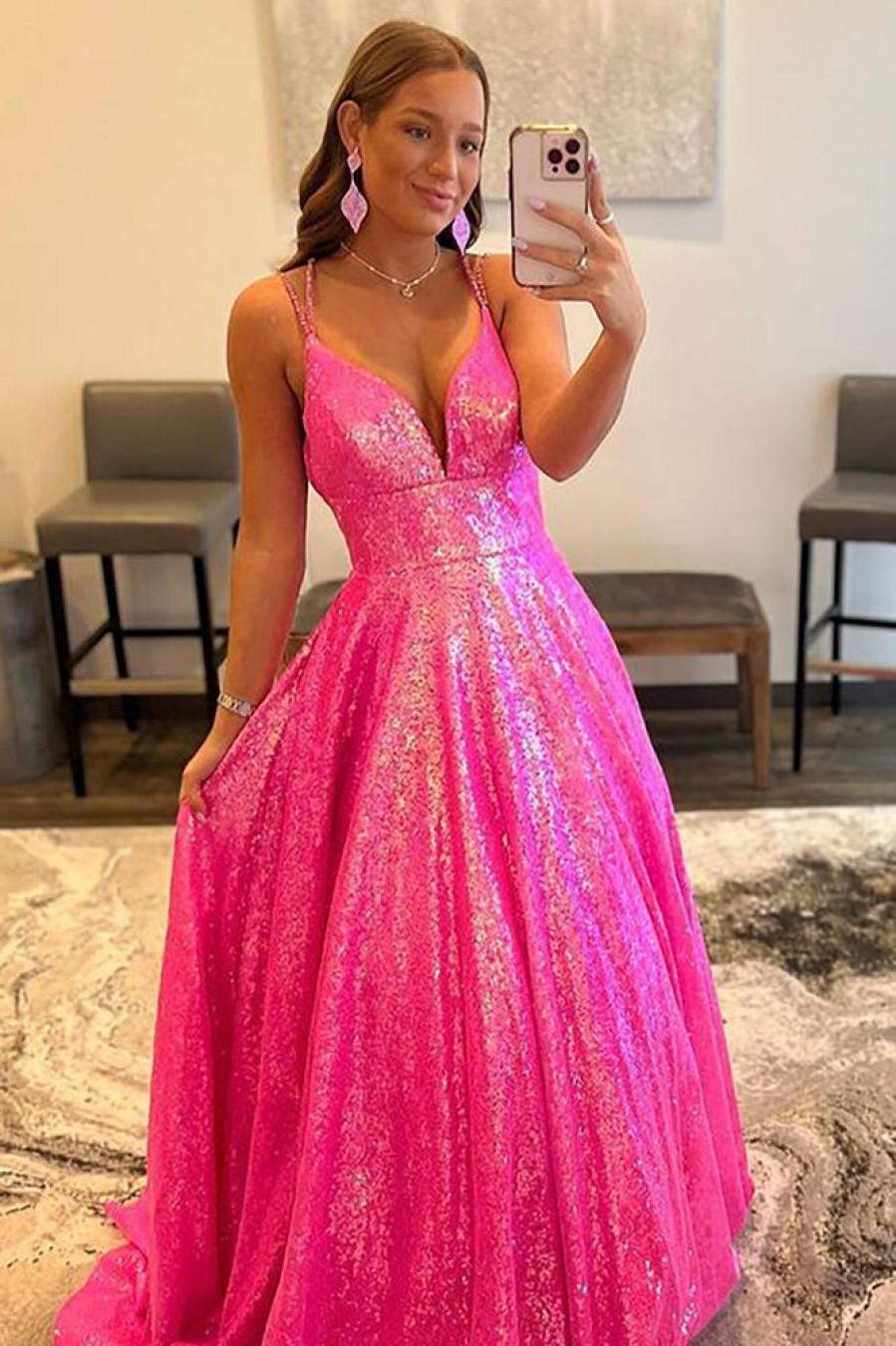 Homrain Glitter Sequins Long Prom Dress | Hot Pink Prom Dresses