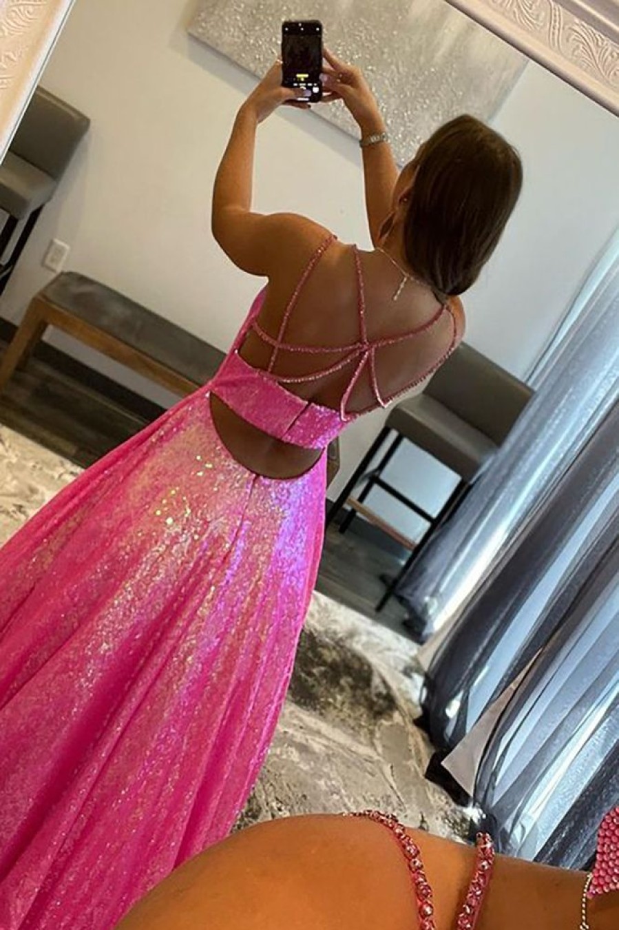 Homrain Glitter Sequins Long Prom Dress | Hot Pink Prom Dresses