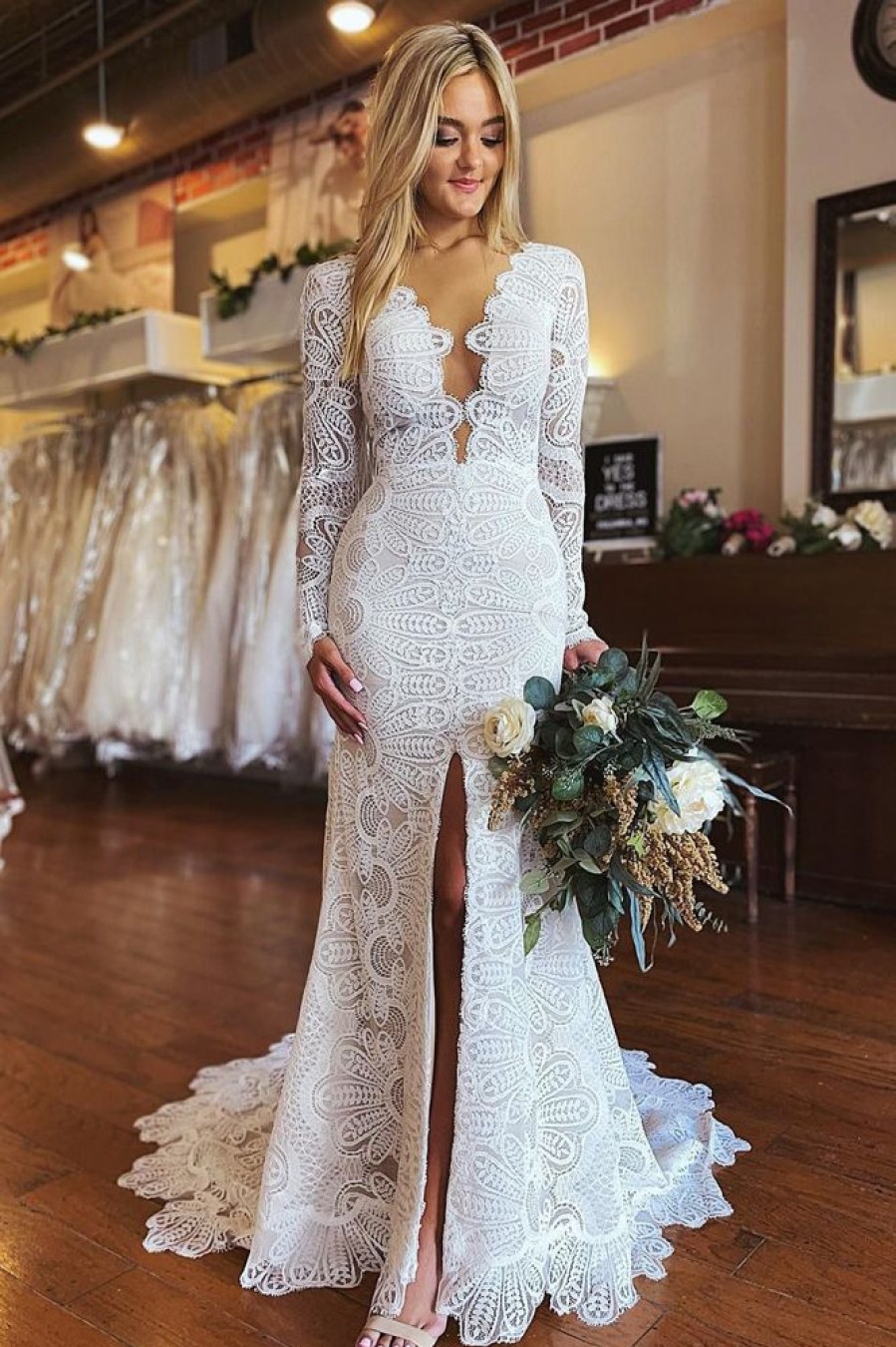 Homrain Mermaid Boho Long Lace Wedding Dress With Sleeves | Lace Wedding Dresses