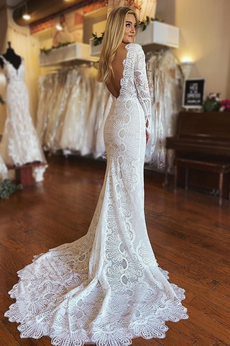 Homrain Mermaid Boho Long Lace Wedding Dress With Sleeves | Lace Wedding Dresses