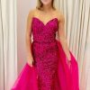 Homrain Sparkly Hot Pink Detachable Train Sequins Long Prom Dress | Hot Pink Prom Dresses