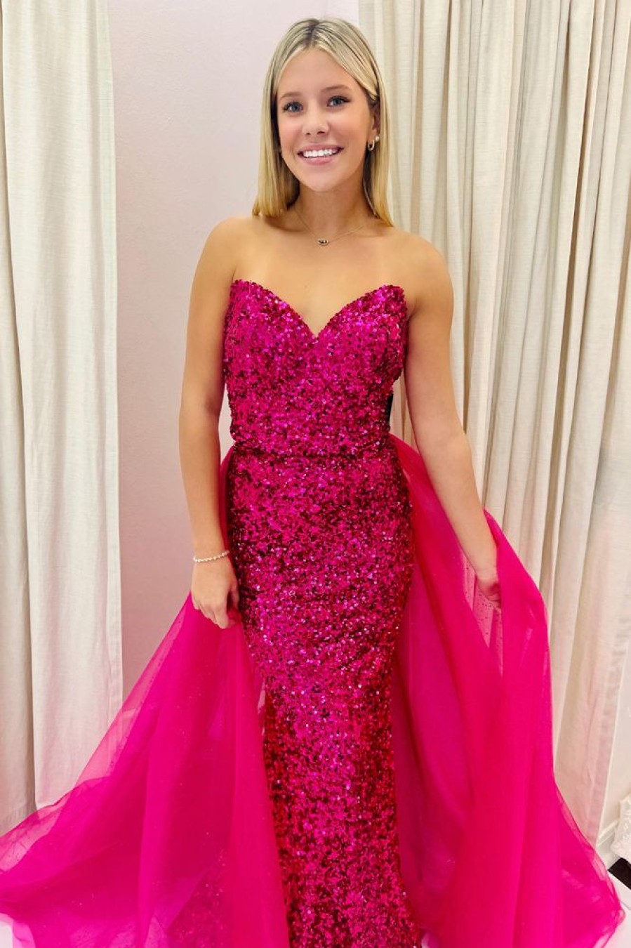 Homrain Sparkly Hot Pink Detachable Train Sequins Long Prom Dress | Hot Pink Prom Dresses