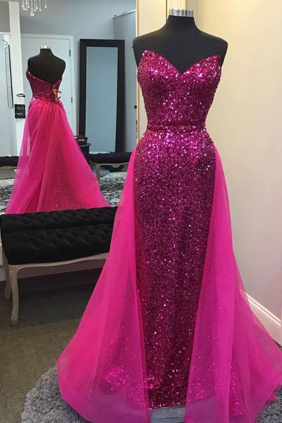 Homrain Sparkly Hot Pink Detachable Train Sequins Long Prom Dress | Hot Pink Prom Dresses