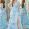 Homrain A Line Tulle V Neck Tiered Long Prom Dress With Slit | Blue Prom Dresses