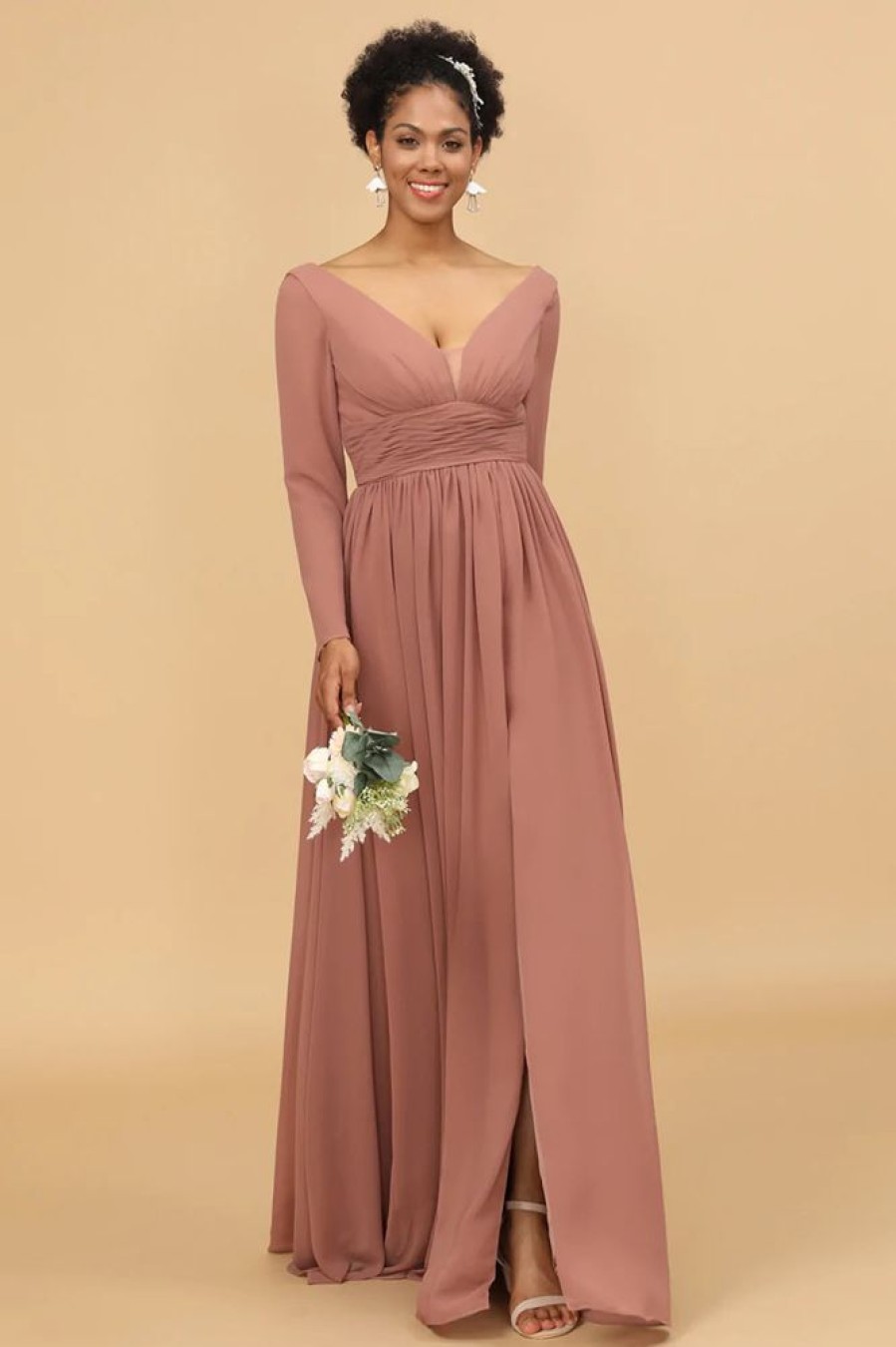 Homrain V-Neck Long Sleeves Bridesmaid Dress | Wedding Guest Dresses