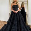 Homrain Sparkly Corset Spaghetti Straps Tulle A-Line Long Prom Dress With Slit | Black Prom Dresses