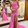 Homrain Sparkly Mermaid Sequins Long Prom Dress With Slit | Hot Pink Prom Dresses