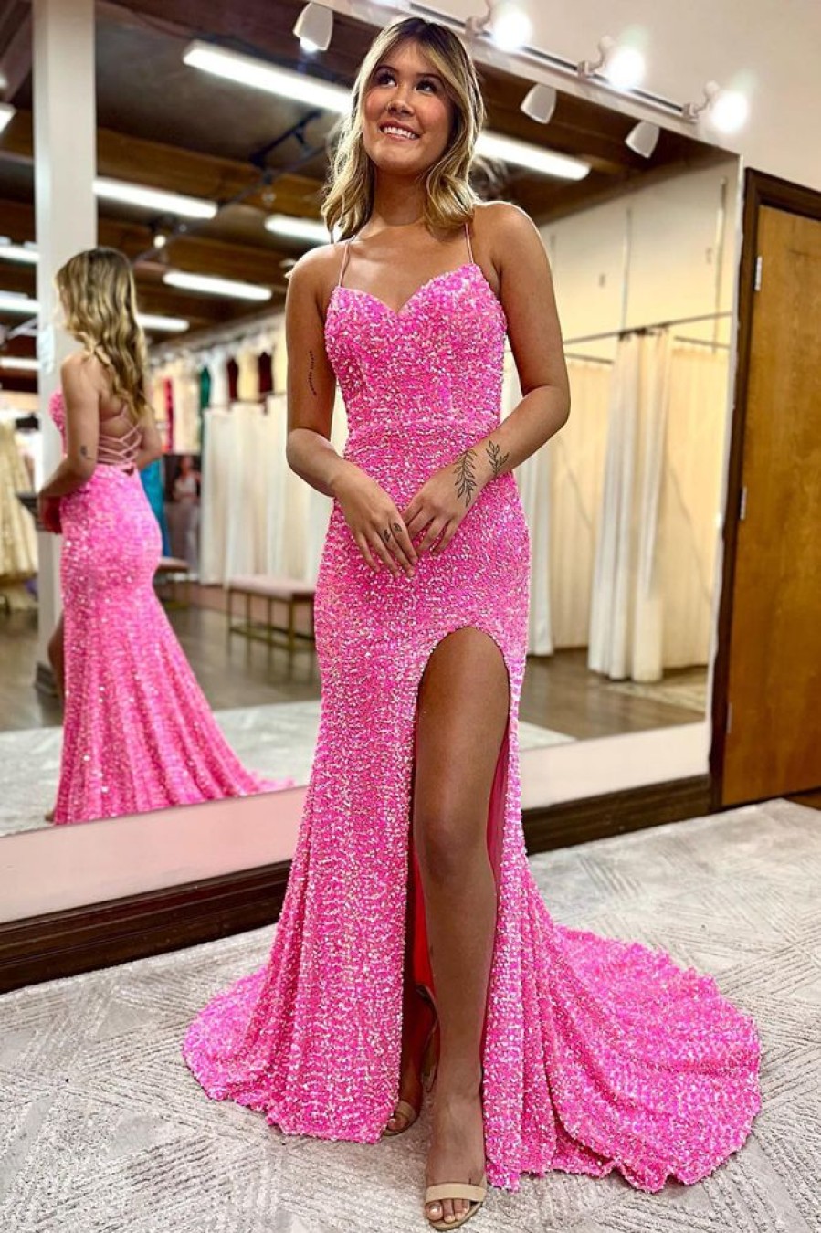 Homrain Sparkly Mermaid Sequins Long Prom Dress With Slit | Hot Pink Prom Dresses