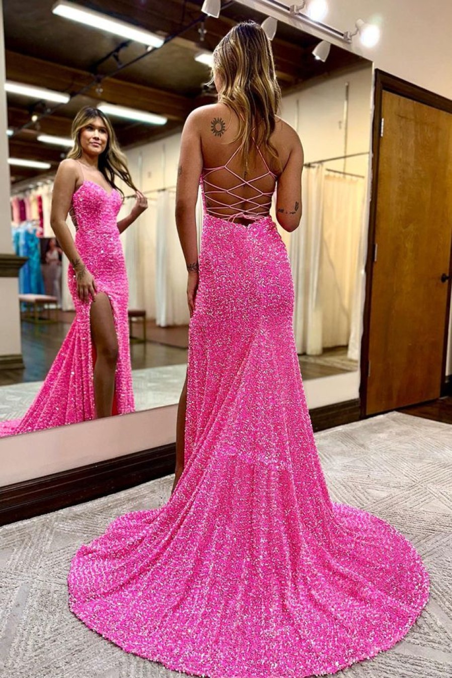 Homrain Sparkly Mermaid Sequins Long Prom Dress With Slit | Hot Pink Prom Dresses