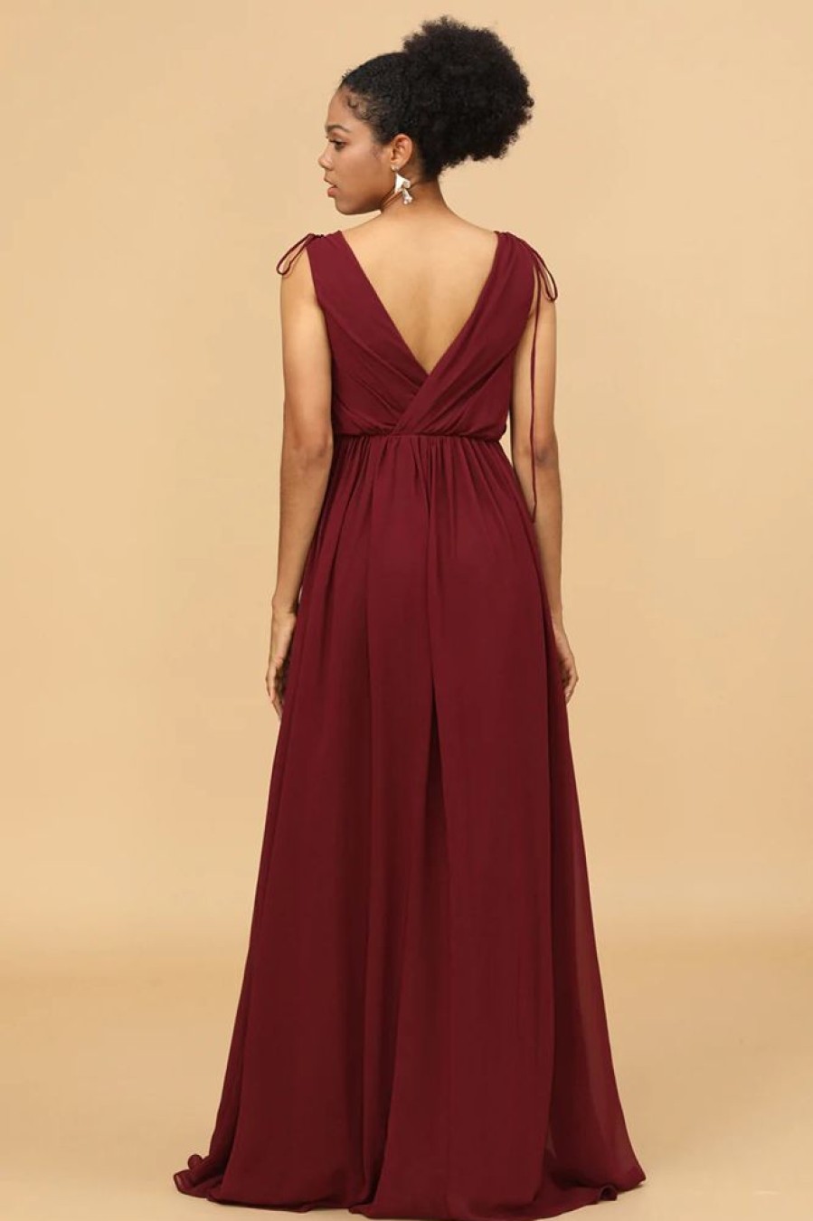 Homrain V-Neck Lace Up Bridesmaid Dress With Slit | Burgundy Bridesmaid Dress