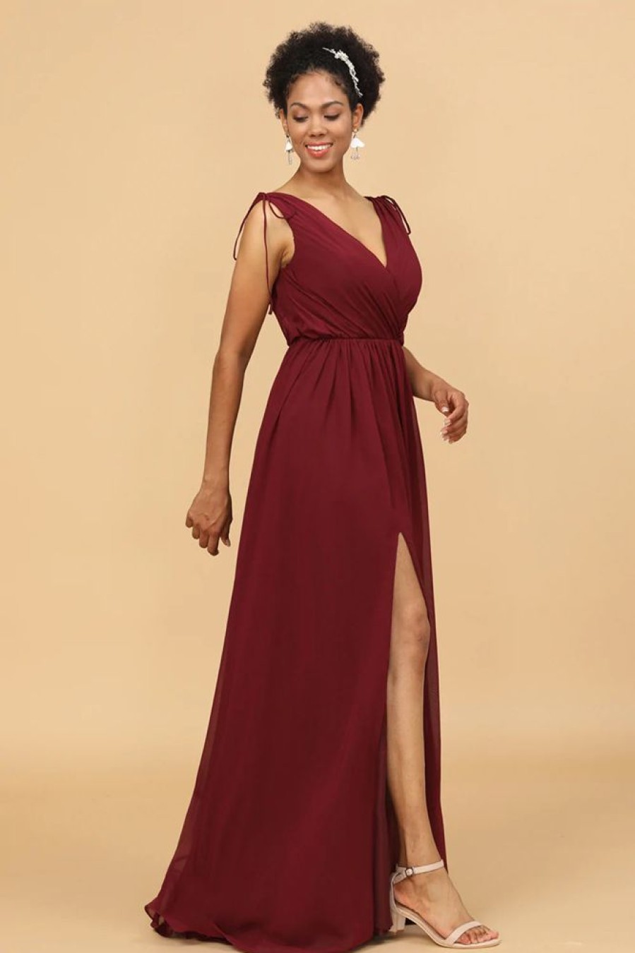 Homrain V-Neck Lace Up Bridesmaid Dress With Slit | Burgundy Bridesmaid Dress