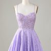 Homrain Lilac A-Line Halter Backless Short Homecoming Dress With Lace | Purple Hoco Dresses