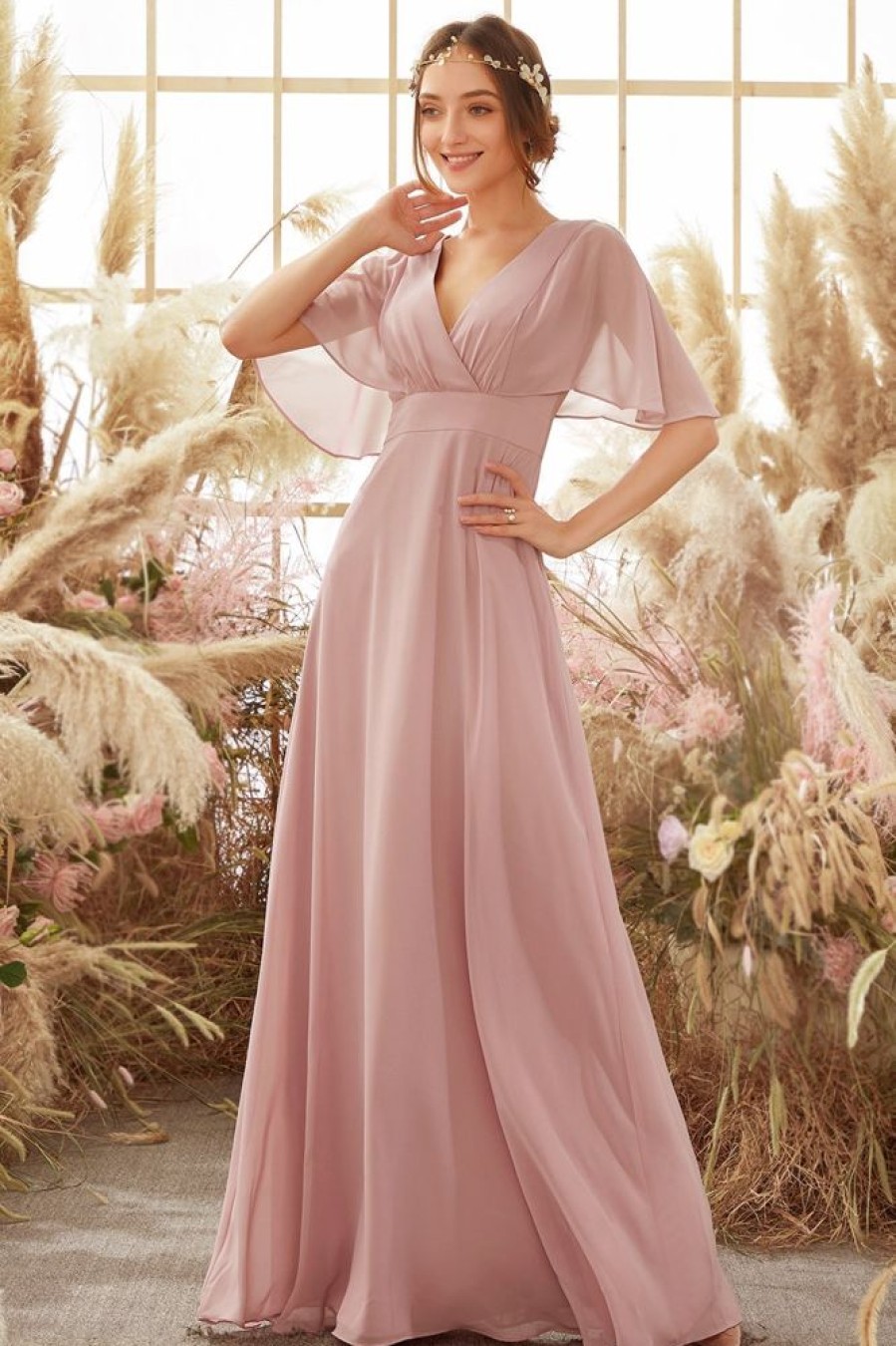 Homrain Blush Batwing Sleeves Chiffon Bridesmaid Dress | Wedding Guest Dresses