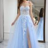 Homrain A Line Long Corset Appliqued Prom Dress With Slit | Blue Prom Dresses