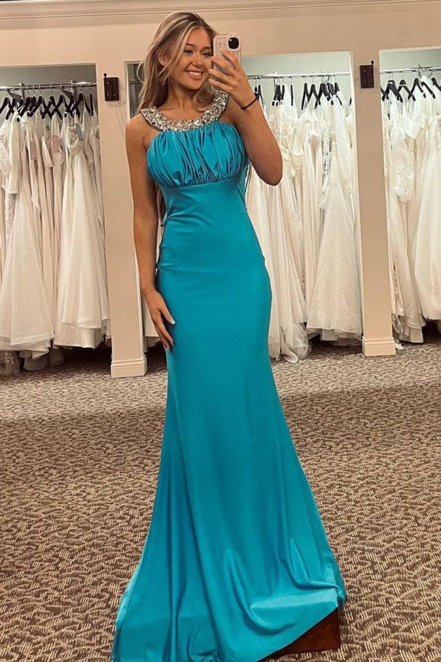 Homrain Sparkly Beaded Mermaid Long Prom Dress | Blue Prom Dresses