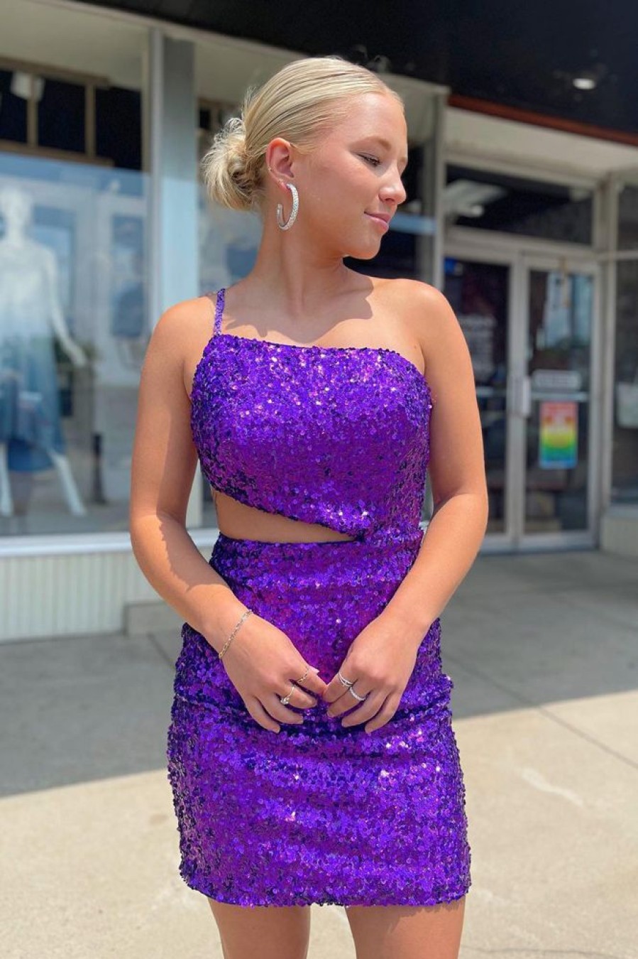 Homrain Sparkly Sequined Cut Out Backless Tight Short Homecoming Dress | Purple Hoco Dresses