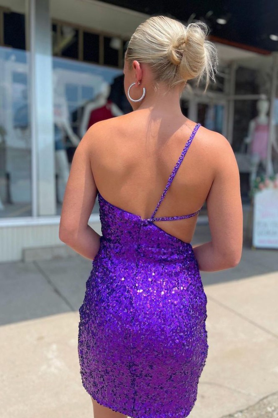 Homrain Sparkly Sequined Cut Out Backless Tight Short Homecoming Dress | Purple Hoco Dresses