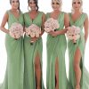 Homrain Sheath Chiffon Ruched Long Bridesmaid Dress With Slit | Wedding Guest Dresses