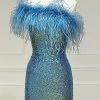 Homrain Sparkly Tight Sequins Homecoming Dress With Feathers | Blue Hoco Dresses