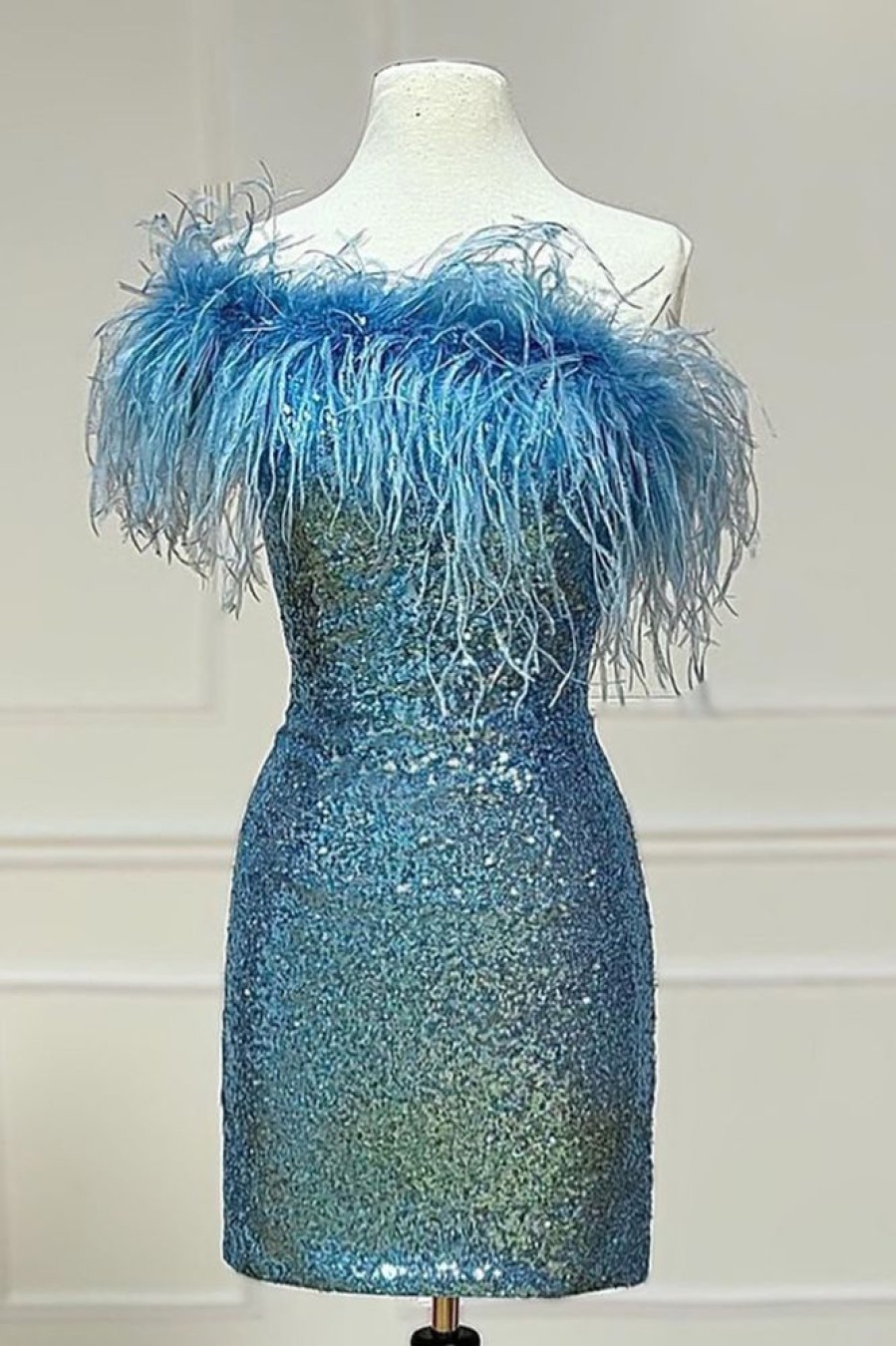 Homrain Sparkly Tight Sequins Homecoming Dress With Feathers | Blue Hoco Dresses